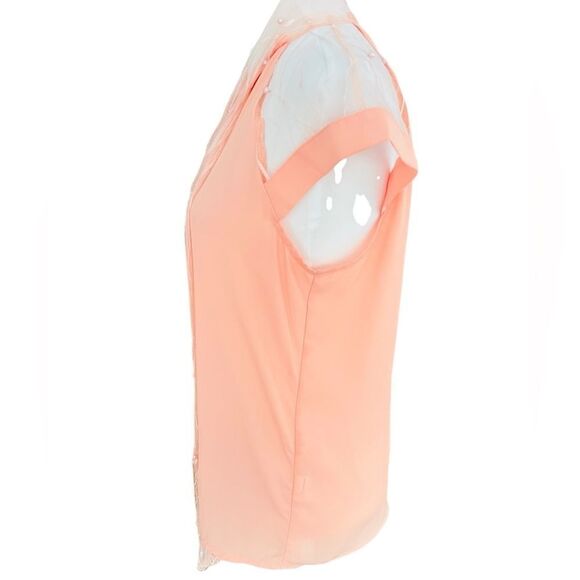 MUGLER peach blouse with front lace & pearl tie, lace shoulders size 6. - Picture 7 of 9